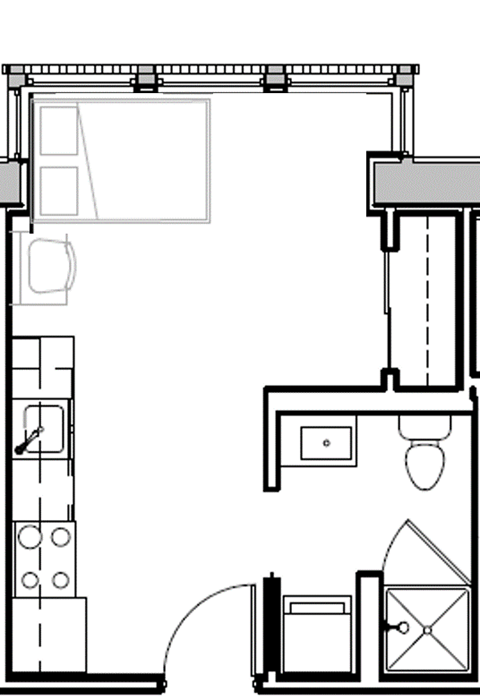Floor plan for studio, 1 bath, 228 sqft